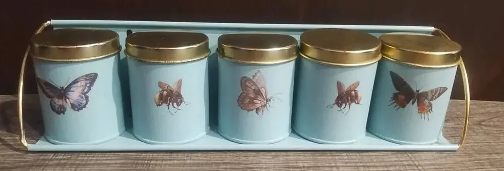 5 Small Tin Kitchen Canisters Lids Blue Bug Butterfly 3
